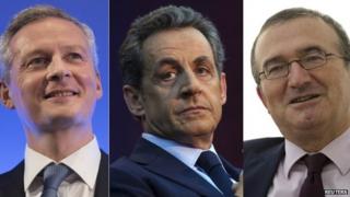 A combination of three pictures shows portraits of UMP political party candidates Bruno Le Maire (L), Nicolas Sarkozy (C) and Herve Mariton (R) who campaign for the leadership of their party in Paris