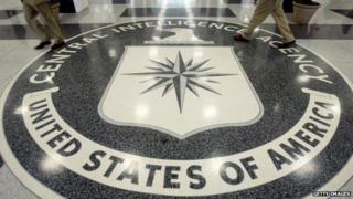 The CIA symbol is shown on the floor of CIA Headquarters