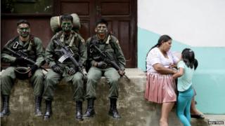 Members of the Bolivian combined forces of army and police at their headquarters n Chimore, east La Paz, 2014