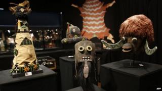A Puebloan Chakwaina mask, a Kachina Buffalo mask and a Zuni Kachina Shalako appeared in Paris, France, on 14 December 2014