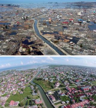 An aerial view of Banda Aceh, Indonesia, after the 2004 tsunami (top) and today