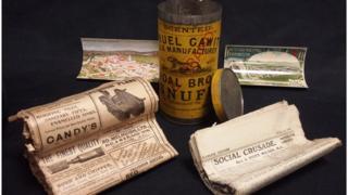 The snuff tin time capsule and its contents from 1909
