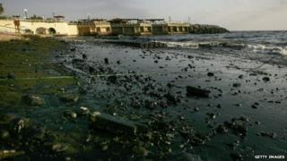 Crude oil in the sea off the Lebanese coast