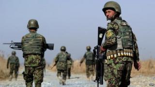 Afghan soldier on patrol in southern Afghanistan - 10 December 2014
