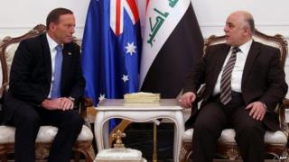 A handout picture released by Iraq"s Prime Minister"s office shows Iraqi Prime Minister Haider al-Abadi (R) and his Australian counterpart Tony Abbott meeting in Baghdad on January 4, 2015