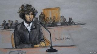 Boston Marathon bombing suspect Dzhokhar Tsarnaev is shown in a courtroom sketch during a pre-trial hearing at the federal courthouse in Boston, Massachusetts (18 December 2014)