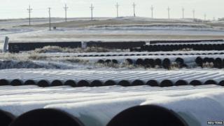 A depot used to store pipes for Transcanada Corp's planned Keystone XL oil pipeline is seen in Gascoyne, North Dakota 14 November 2014