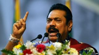Mahinda Rajapaksa addresses to supporters as he attends an election rally in the Colombo suburb of Piliyandala on January 5, 2015