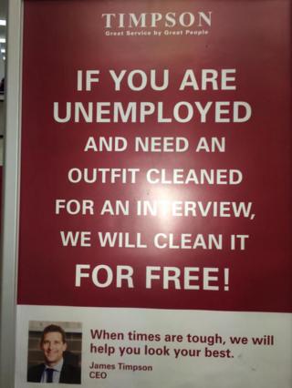 Twitter picture of Timpsons advert for free dry clearning for unemployed