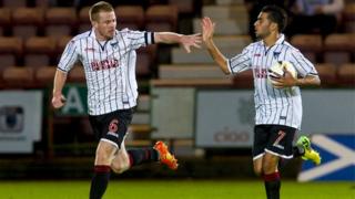 Dunfermline captain Andy Geegan (left) celebrates pulling a goal back for his side with team-mate Faissal El Bakhtaoui.