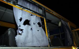 Bus destroyed by a shell at the checkpoint near the town of Volnovakha. 13 Jan 2015