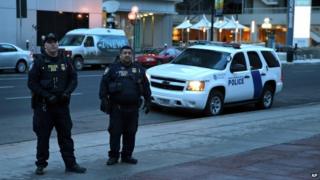 US officers guard outside the court in Denver during the sentencing of Shannon Conley. Photo: 23 January 2015