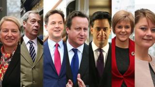 Natalie Bennett, Nigel Farage, Nick Clegg, David Cameron, Ed Miliband, Nicola Sturgeon, Leanne Wood
