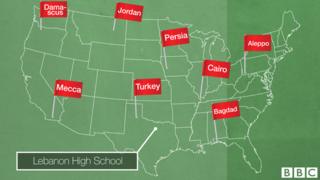 A map of the United States with towns with Middle Eastern names labelled.