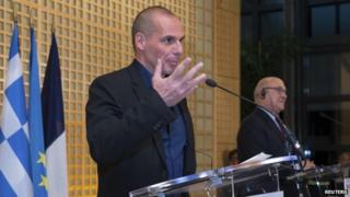 Yanis Varoufakis with French Finance Minister Michel Sapin - 1 February