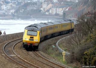 Train rounding bend outside Dawlish