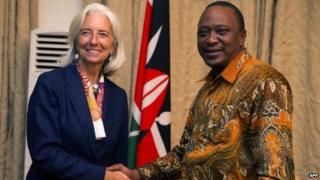 IMF Managing Director Christine Lagarde shaking hands with Kenyan president Uhuru Kenyatta. 4 January 2014