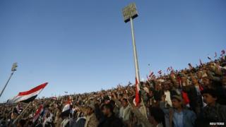 Houthi supporters rally at stadium in Sanaa