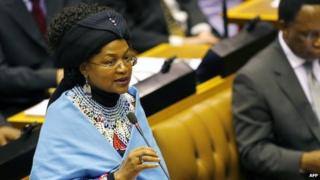 South African parliament speaker Baleka Mbete speaking in parliament