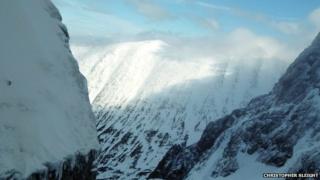 The view out of Comb Gully towards Carn Mor Dearg