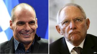 Greek Finance Minister Yanis Varoufakis, left, and German Finance Minister Wolfgang Schaeuble