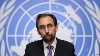 New High Commissioner of the United Nations (UN) for Human Rights, Zeid Ra'ad al-Hussein of Jordan (C) attends a press conference on October 16, 2014 in Geneva
