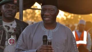 Nigeria"s President Goodluck Jonathan, speak to troops during a visit to Maiduguri, Nigeria, Thursday, Jan. 15, 2015