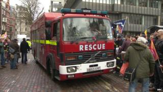 Fire engine at FBU rally at Westminister