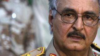 General Khalifa Haftar speaks during a news conference at a sports club in Abyar, east of Benghazi 21 May 2014