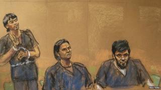 A courtroom sketch shows (from left to right) Abdurasul Juraboev, Akhror Saidakmetov and Abror Habibov appear in New York's court