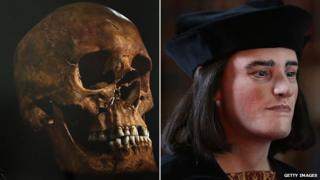 Richard III skull next to facial reconstruction