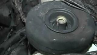 A wheel purportedly from a US drone shot down in Syria