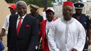 Sierra Leone's President Ernest Bai Koroma (L) and Vice-President Samuel Sam-Sumana in Freetown on 11 October 2012