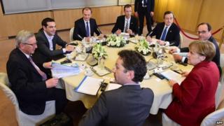 Clockwise from left: European Commission President Jean-Claude Juncker, Greek PM Alexis Tsipras, European Council President Donald Tusk, Secretary-General of the Council of the European Union Uwe Corsepius, European Central Bank President Mario Draghi, French President Francois Hollande, German Chancellor Angela Merkel and Eurogroup President and Dutch FM Jeroen Dijsselbloem meet in Brussels. Photo: 19 March 2015