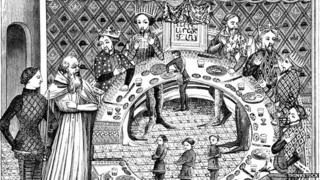 Delwedd ganoloesol o'r Brenin Arthur a Myrddin y dewin