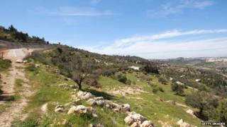 A general view shows the Crimesan landscape around the Christian village of the same name, near Bethlehem