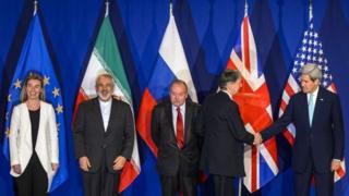 (From L) EU's foreign policy chief Federica Mogherini, Iranian Foreign Minister Mohammad Javad Zarif, Deputy director of the Department for Nonproliferation and Arms Control of the Ministry of Foreign Affairs of Russia Alexey Karpov, British Foreign Secretary Philip Hammond and US Secretary of State John Kerry attend the announcement of an agreement on Iran nuclear talks in Lausanne, 2 April 2015