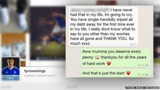 Tyrone Mings' mother thanks him in a text message for wiping away all her debts