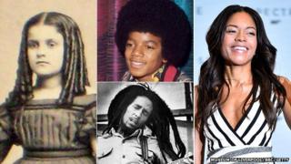 черная или смешанная раса девушка 19-го века в локонах, молодой Майкл Джексон в афро, Боб Марли в дредах и Наоми Харрис