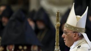 Pope Francis with Armenian clergy at service at St Peters Rome - 12 April