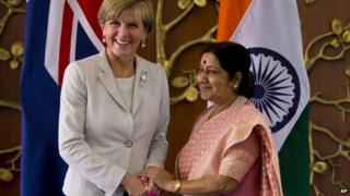 Julie Bishop, left, with Indian Foreign Minister Sushma Swaraj in Delhi. 14 April 2015