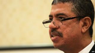 Yemen's newly appointed Vice President Khaled Bahah holds a press conference on April 16, 2015, in the Saudi capital Riyadh