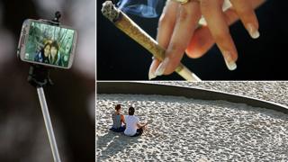 Composite image showing, clockwise from left, a photograph taken using a "selfie stick", a cannabis joint and a couple meditating on a beach