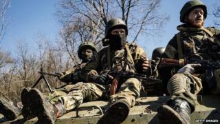 Pro-Russian rebels take part in military drill near eastern Ukrainian city of Donetsk. 10 April 2015