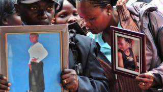Relatives hold portraits of those killed during the attack on Garissa University College, Nairobi, Kenya - 9 April 2015