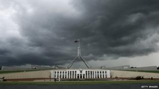 Дождевые облака движутся над австралийским парламентом, Канберра, Австралия