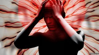 Man holding head with waves coming out of them