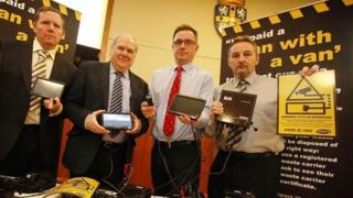 L-R, Ian Hoult, neighbourhood protection manager; Brian Stephens, cabinet member for neighbourhoods and local partnerships; Oliver Sherratt, head of direct services and Dave Riseley, neighbourhood protection enforcement manager, with the new CCTV cameras.