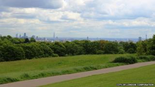 View of London's skyline from Hampstead Heath which is just four miles from Trafalgar Square