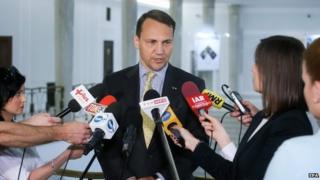 Polish Parliamentary Speaker Radoslaw Sikorski talks to reporters in Warsaw. Photo: 10 June 2015